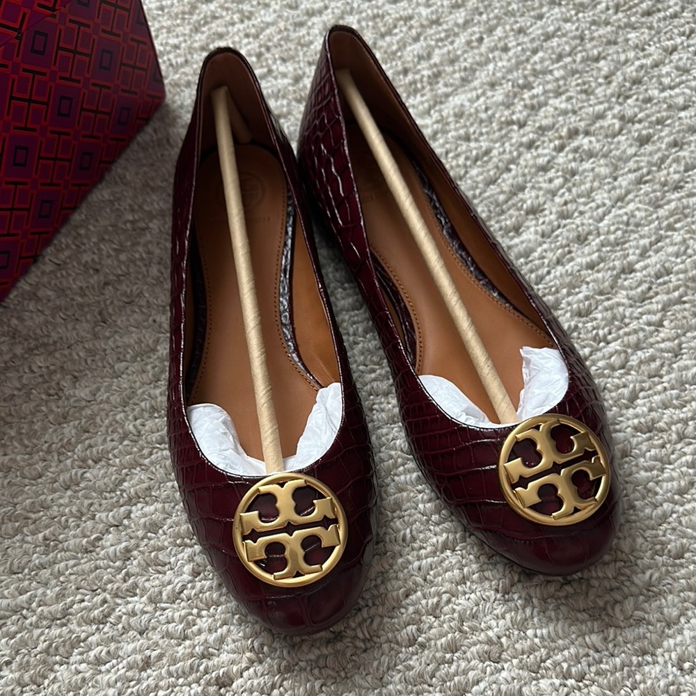 Tory Burch Chelsea Ballet Flats Croc Emboss US 8 Color Claret/ Rolled Brass 600